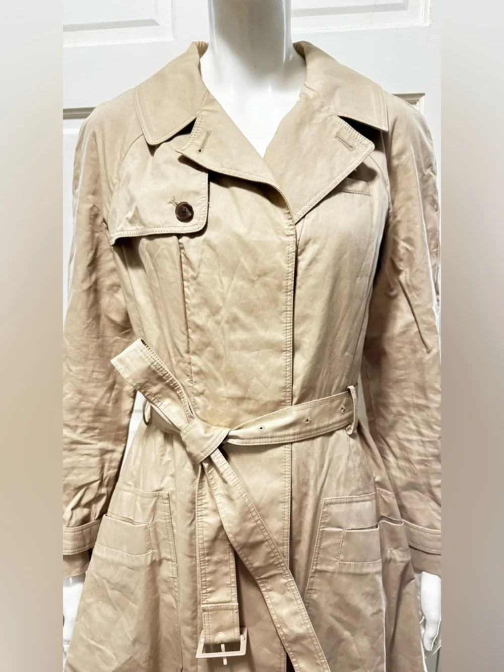 Tory Burch Womens Trench Coat Beige Collared Long Sleeve Buckle Size 6